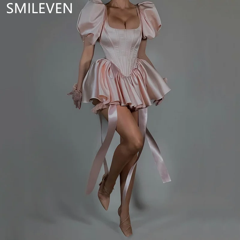 

Smileven Pink A-line Sexy Mini Prom Dress Puff Sleeves Pleats Evening Gowns Sleeveless Cocktail Dress Customized 2025