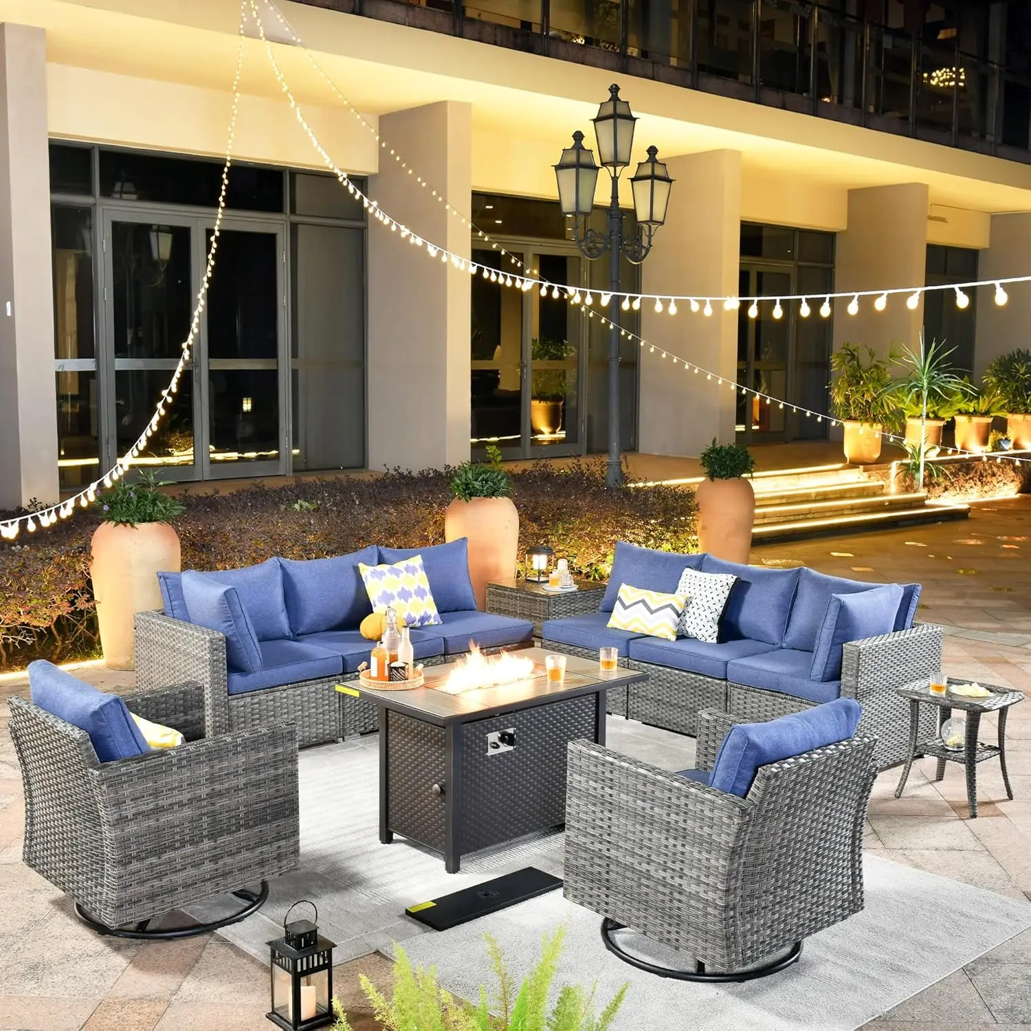 

11 Piece Outdoor Patio Furniture Set With Fire Pit Table,Conversation Sectional Wicker Couch With Swivel, Customized