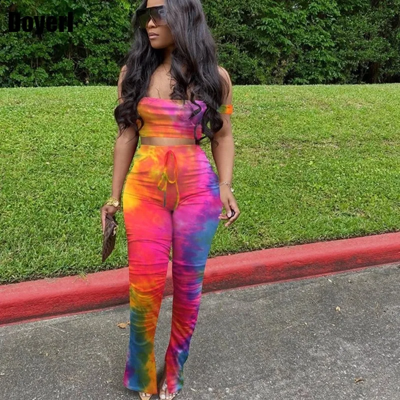 

Tie Dye Sexy Two Piece Set Women Crop Top and Bodycon Pants Set Summer Clothes for Women 2 Piece Matching Sets Club Outfits 2022