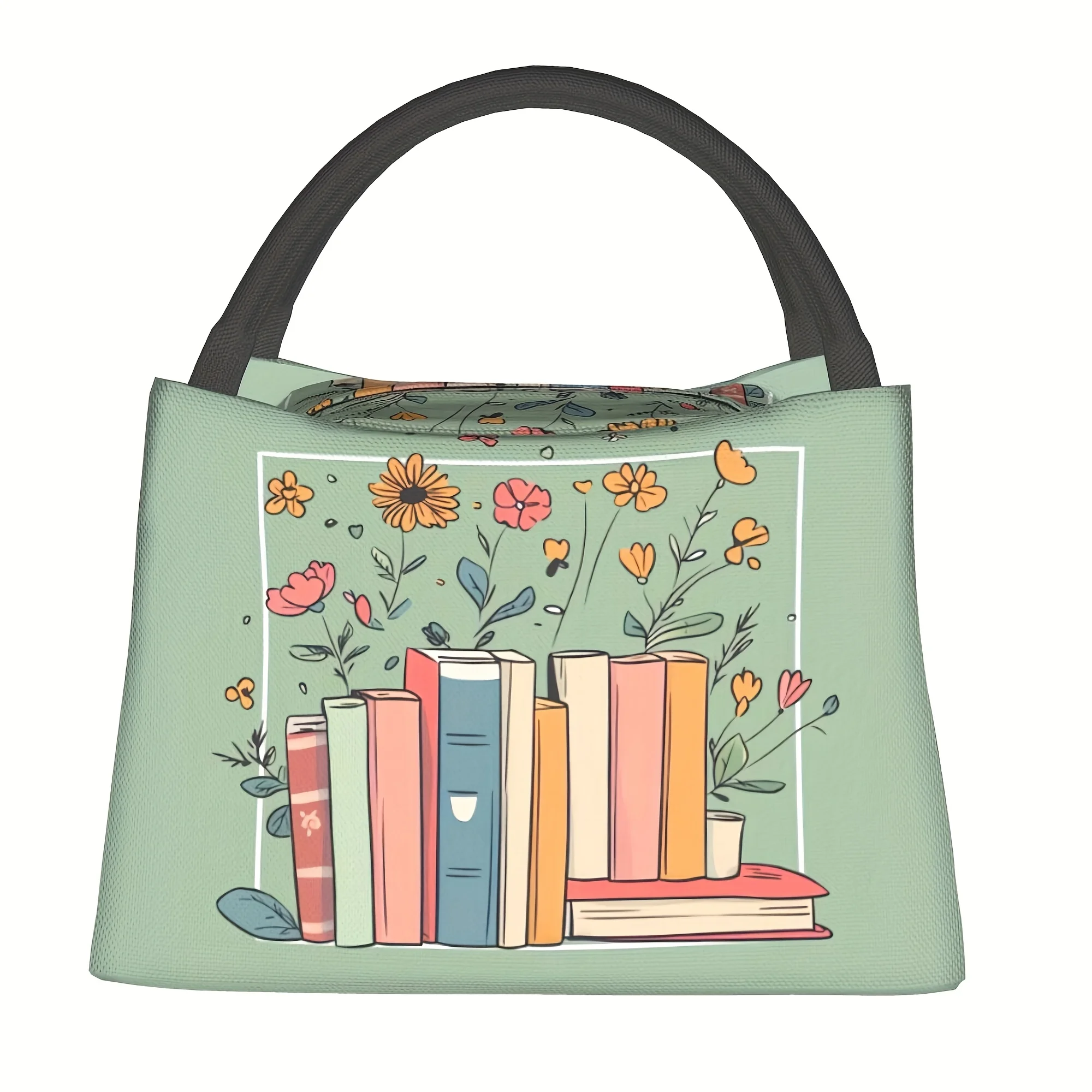 

1pc Book & Flower Pattern Insulated Lunch Bag - Reusable, Leak-Proof, Polyester Tote with Vibrant Illustration of Books