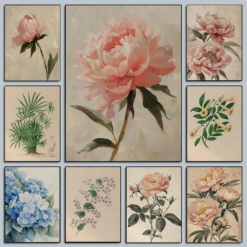 خمر نبات النخيل الأزهار الملصقات النباتية الجميلة الفاوانيا الحديثة يطبع حائط لوح رسم صور ديكور غرفة المعيشة المنزلي