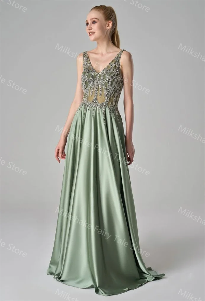 Green A Line Evening Dresses Glitter Lace Beads Sleeveless Prom Gowns V Neck Floor Length Customized Wedding Guest Gowns