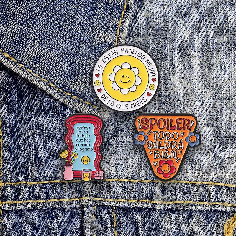 Cartoon-Spanisch-Slogan-Tier-Herz-Planeten-Emaille-Abzeichen, positive motivierende Worte, Anstecknadel, süße Brosche, Accessoire, Geschenke – Detail 6