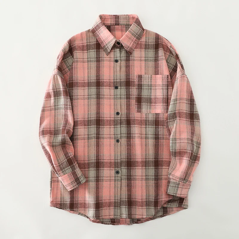 ربيع الخريف المرأة طويلة Sve irt هونغ كونغ Sle ملابس خارجية واحدة زرر منقوشة القطن الكتان مزيج ملابس غير رسمية للتنقل