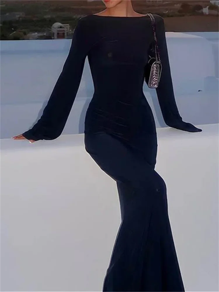 Robe en tricot transparente pour femmes, Cover-up pour Bikini, manches longues, col rond, dos nu, robes longues, Club, plage, Sexy, maillots de bain