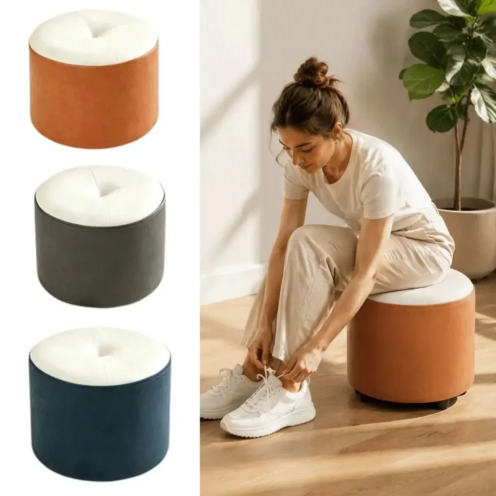 Household Upholstered Round Stool Thick Padded Non-Slip Vanity Stool Durable Leather Anti-Slip Base Foot Stool Living Room