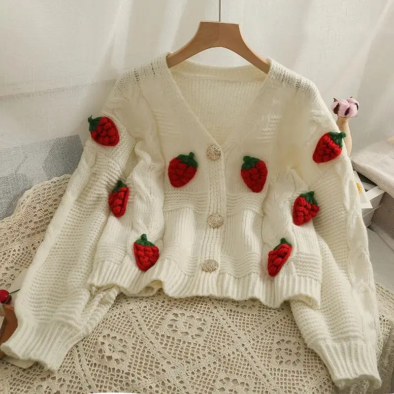 Strawberry Pink Acrylic Knit V-Neck Single Breasted Lantern Sleeve Women's Cardigan Thick Sweater Cardigan For Women Clothing