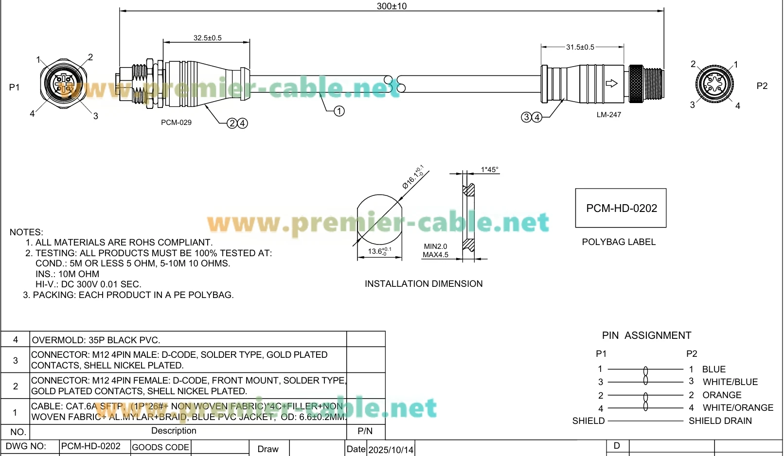 Profinet M12 D-Code, 4-poliges Stecker-auf-Buchse-Verlängerungskabel, Schottplattenmontage, abgeschirmtes 100 Mbit/s Cat6A-Industrie-Ethernet-Kabel – Detail 1