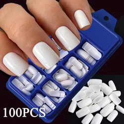 100pcs Milk White/Pink Square Short Round False Nails Full Cover Acrylic Fake Nails Smooth Reusable Press On Nails Fake Nails