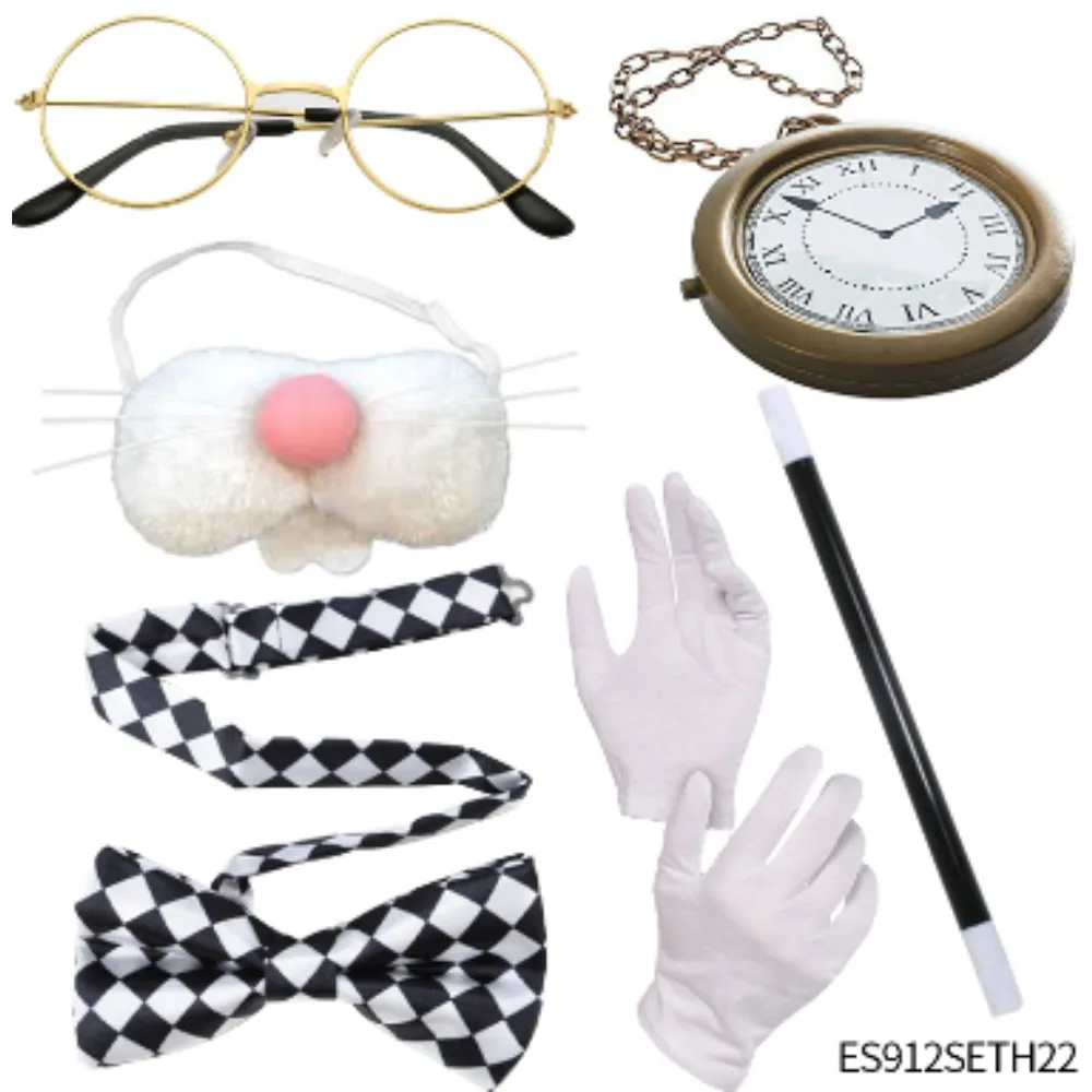 

PESENAR Easter Dress Up Six Piece Glasses Magic Wand Plaid Bow Tie Plastic Pocket Watch White Short Gloves Rabbit Nose