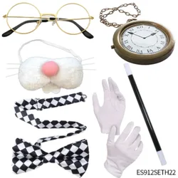 PESENAR Easter Dress Up Six Piece Glasses Magic Wand Plaid Bow Tie Plastic Pocket Watch White Short Gloves Rabbit Nose