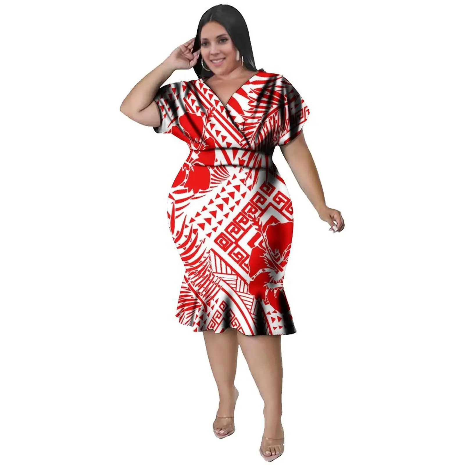 

Puff Sleeves Summer Custom Women'S Clothing V-Neckline Polynesian Style Knee-Length Full-Skirted Tight-Fitting Dress Soft Fabric