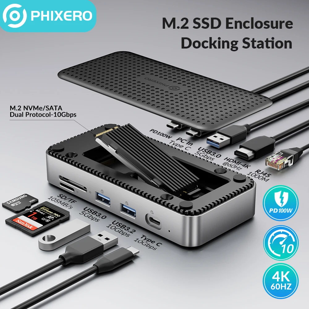 PHIXERO USB Hub USB Docking Station with HDMI-Compatible USB-A 3.2 Gen2 M.2 NVMe & SATA SSD Case Ethernet PD 100W SD/TF