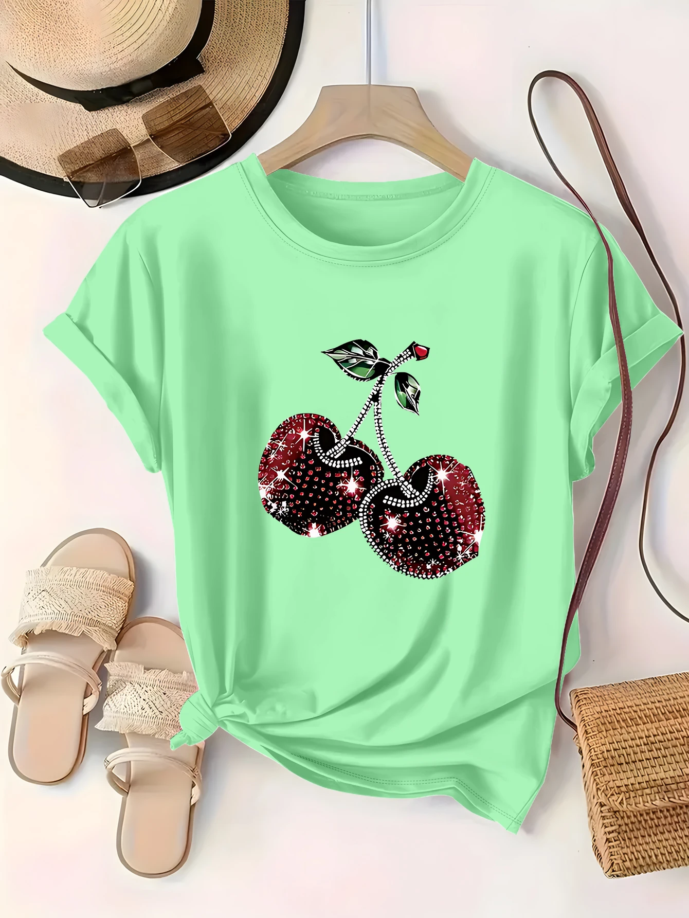 

Plus Size 1xl-5xl Short Sleeve T - Shirt Women's Oversize Clothing | Rhinestone Cherry Sparkle Graphic