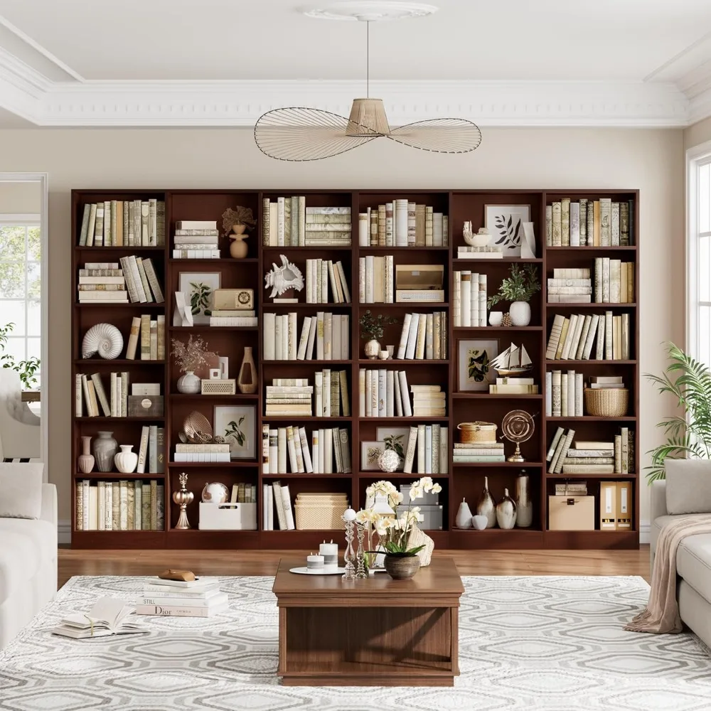 رف كتب كبير ثلاثي واسع 6 طبقات مع 17 رفًا مفتوحًا، يقف بطول 74 بوصة