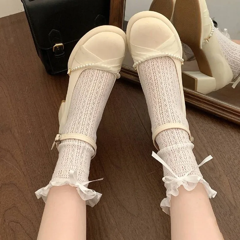 Sweet Ballet Style JK Lace Trim Short Tube Socks Thin Summer  Knot Leggings Women Match Small Leather Shoes