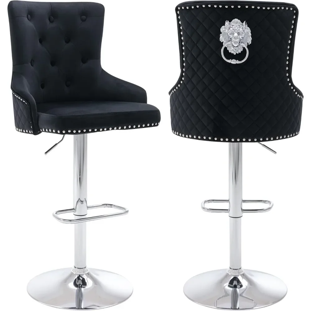 

Velvet Bar Stool Set of 2 Lion Pull Ring Swivel Chair for Kitchen Counter Nailhead Upholstered Barstools Height Adjustable
