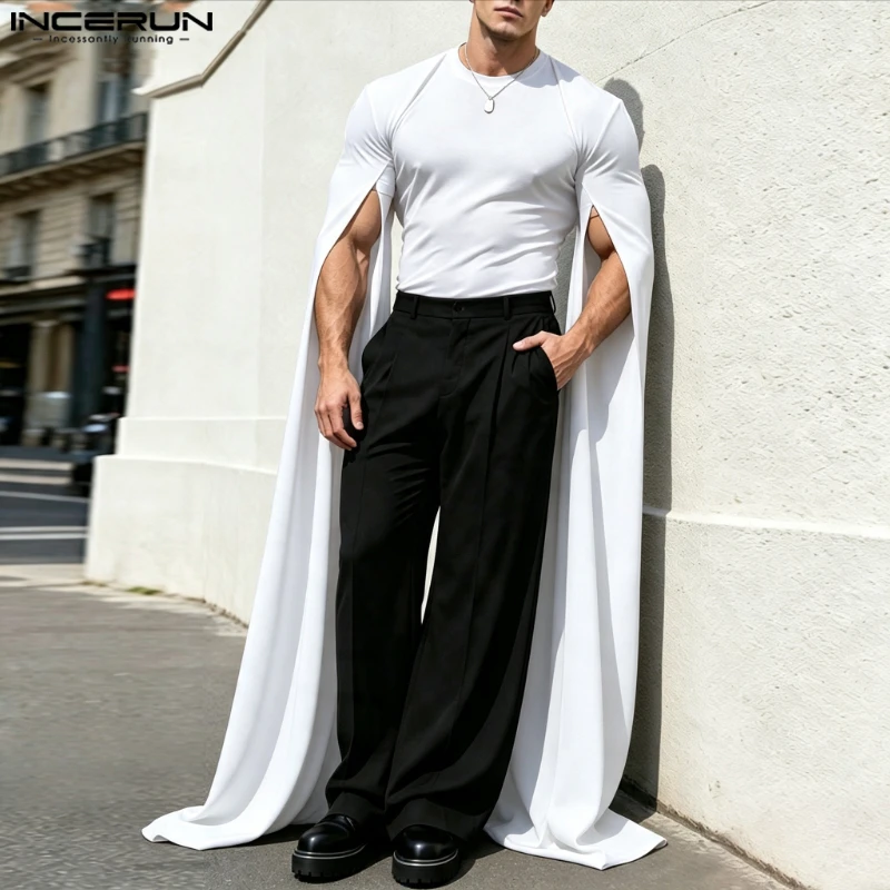 INCERUN Men's T Shirt Solid Color O-neck Split Long Sleeve Casual Tee Tops For Man Streetwear 2026 Fashion Men Clothes S-2XL