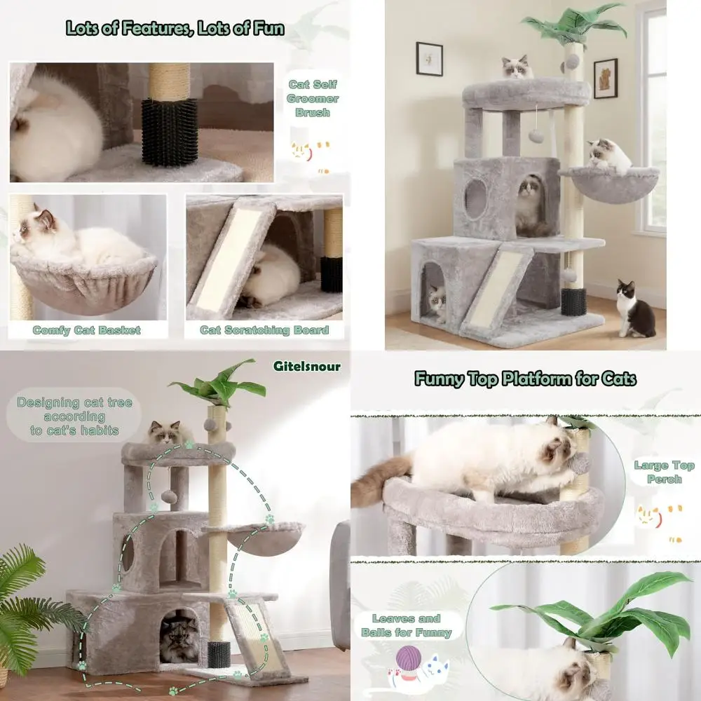

Sturdy Large Cat Tower for Adult Felines with Self-Cleaning Brush, Cushioned Top, Scratching Post, and Hammock - Light Gray GCT0