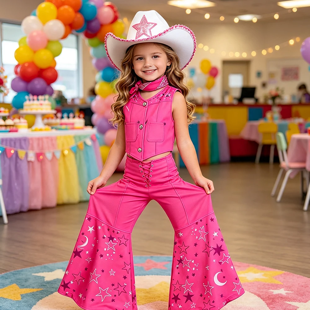 Rosa Cowgirl-Kostüm Mädchen-Outfit-Set Weste Schlaghose Kinder-Halloween-Kostüme – Detail 11