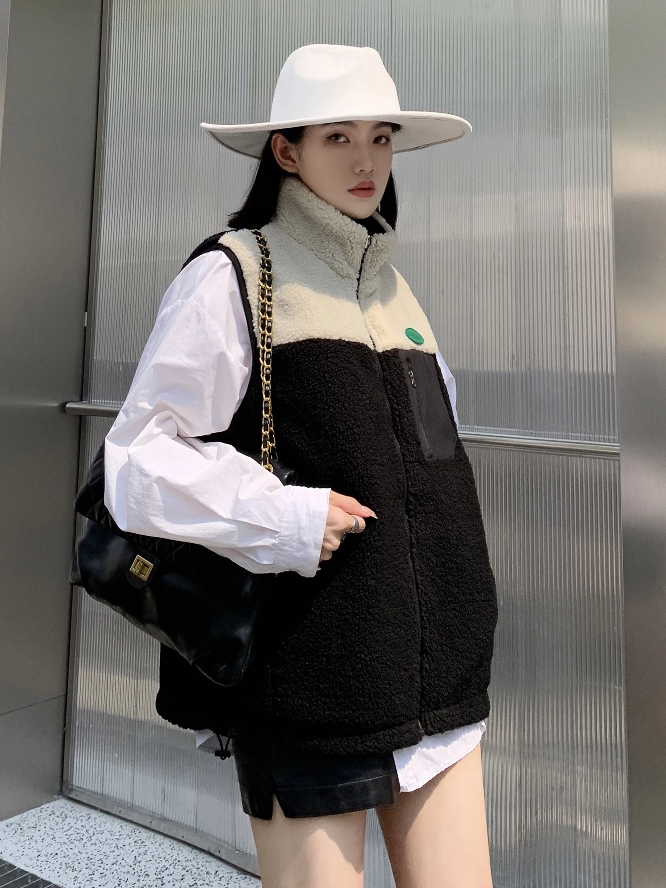 Women's Reversible Sleeveless Faux Fur Vest Polyester Polar Fleece Jacket Fall&Winter Colour Block Thick Warm Stand Collar Coats