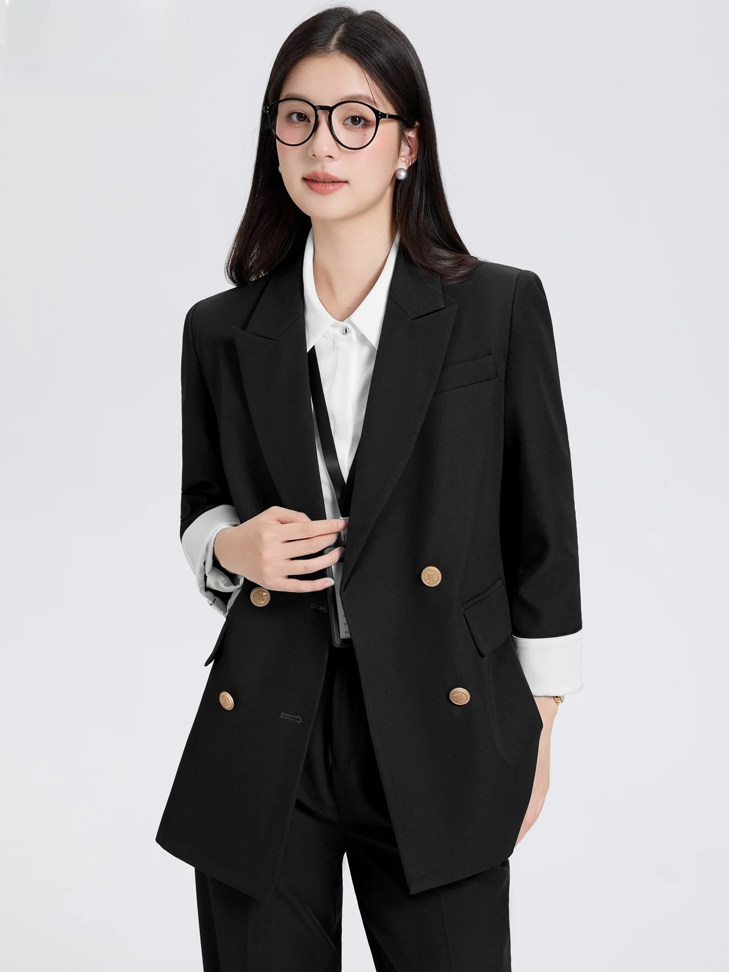 Black Casual Loose Women's Suit Jacket Double Breasted Korean Style Fashionable Autumn New Arrival Wind's Classic Polyester F...