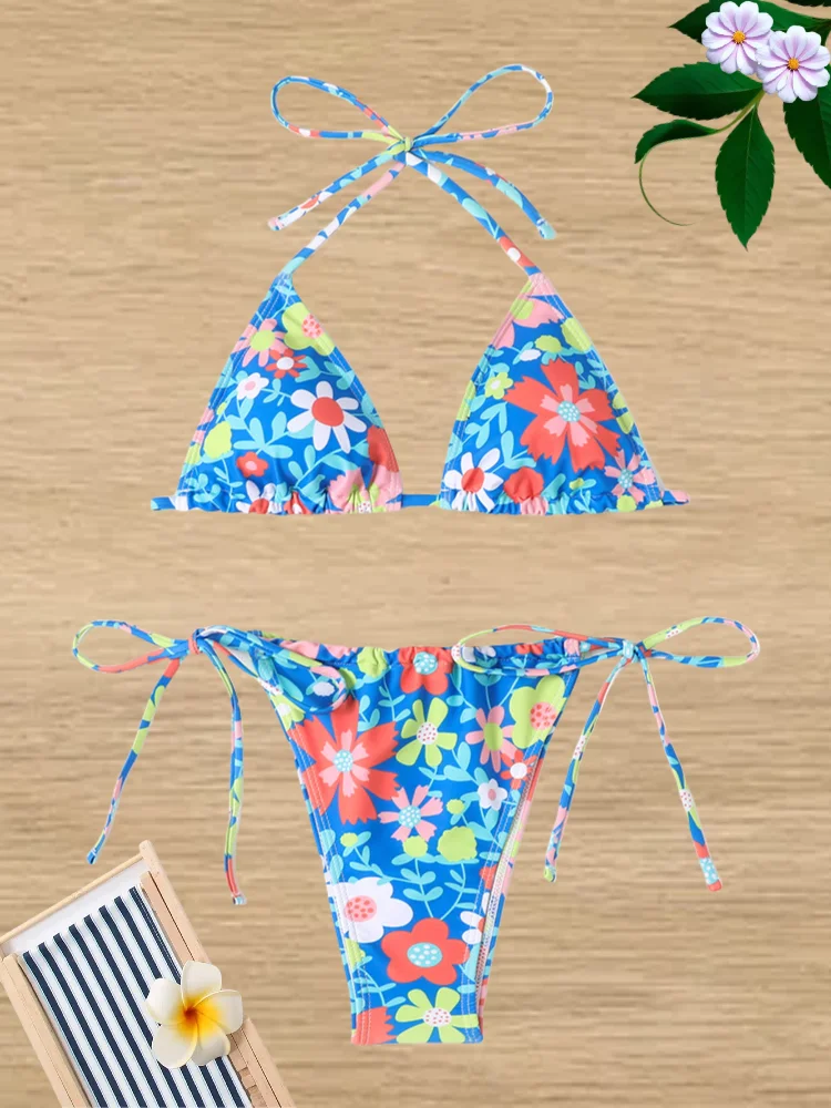 Sexy Bikini Set Halter Neck Backless Triangle Swimsuit 2 Piece Swimsuit Thong Bikini Women Floral Print Brazilian Swimsuit