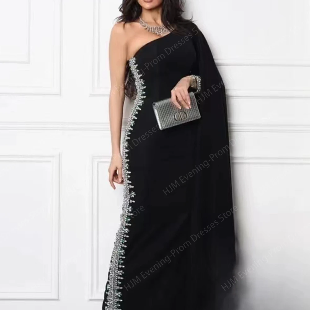 Vestidos largos de noche con cuentas negras para mujer, un hombro, hasta el tobillo, sirena, graduación, boda, eventos especiales, vestido de ceremonia, 2024