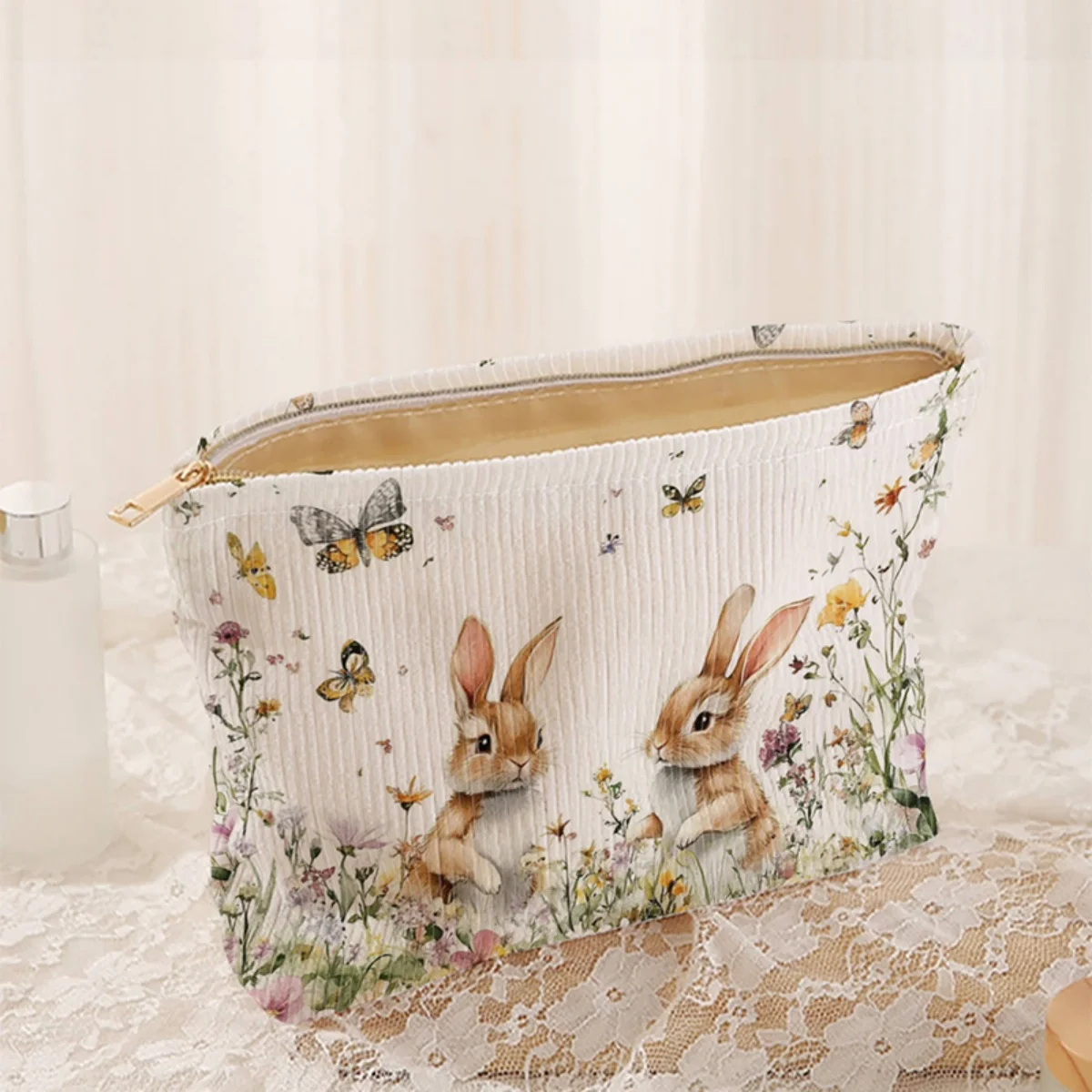 Clutches Rabbit Pattern Corduroy Makeup Bag, Lightweight Zipper Storage Box, Multifunctional Bag Used for Storing Cosmetics
