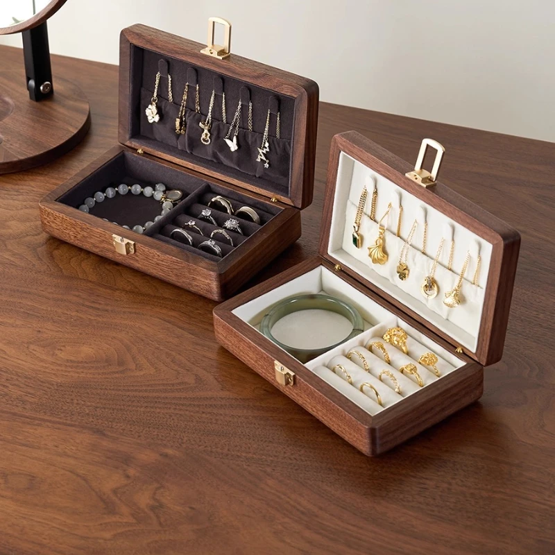 صندوق تخزين مجوهرات من خشب الجوز الأسود، منظم حلية أنيق محمول، صندوق ديكور عتيق للخواتم والأساور والإكسسوارات #4