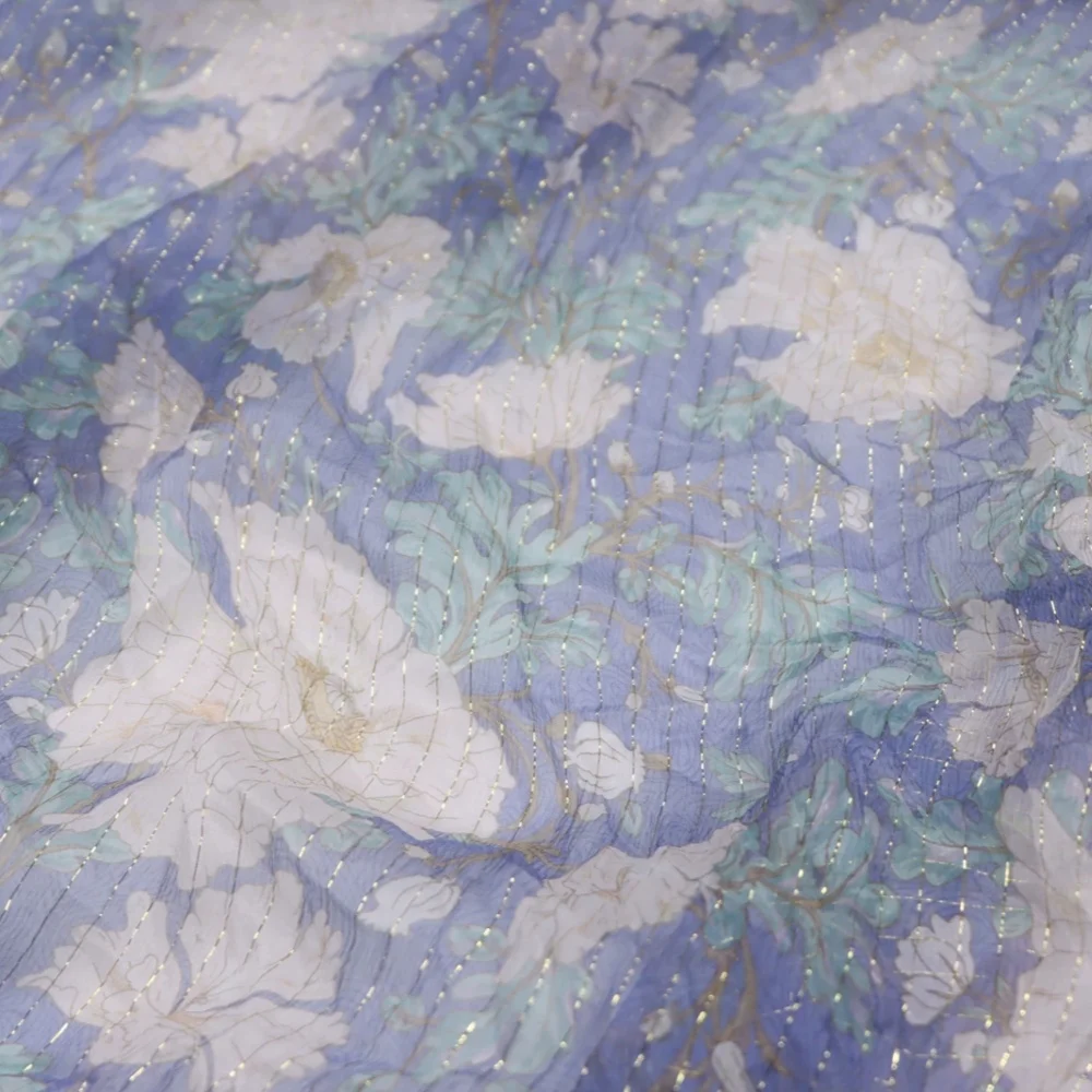Nice Newest Blue Base White Flowers Gold Lines Shiny Silk Metallic Fabric Light Weight for Women Girls Hanfu Dress Cloth Scarf