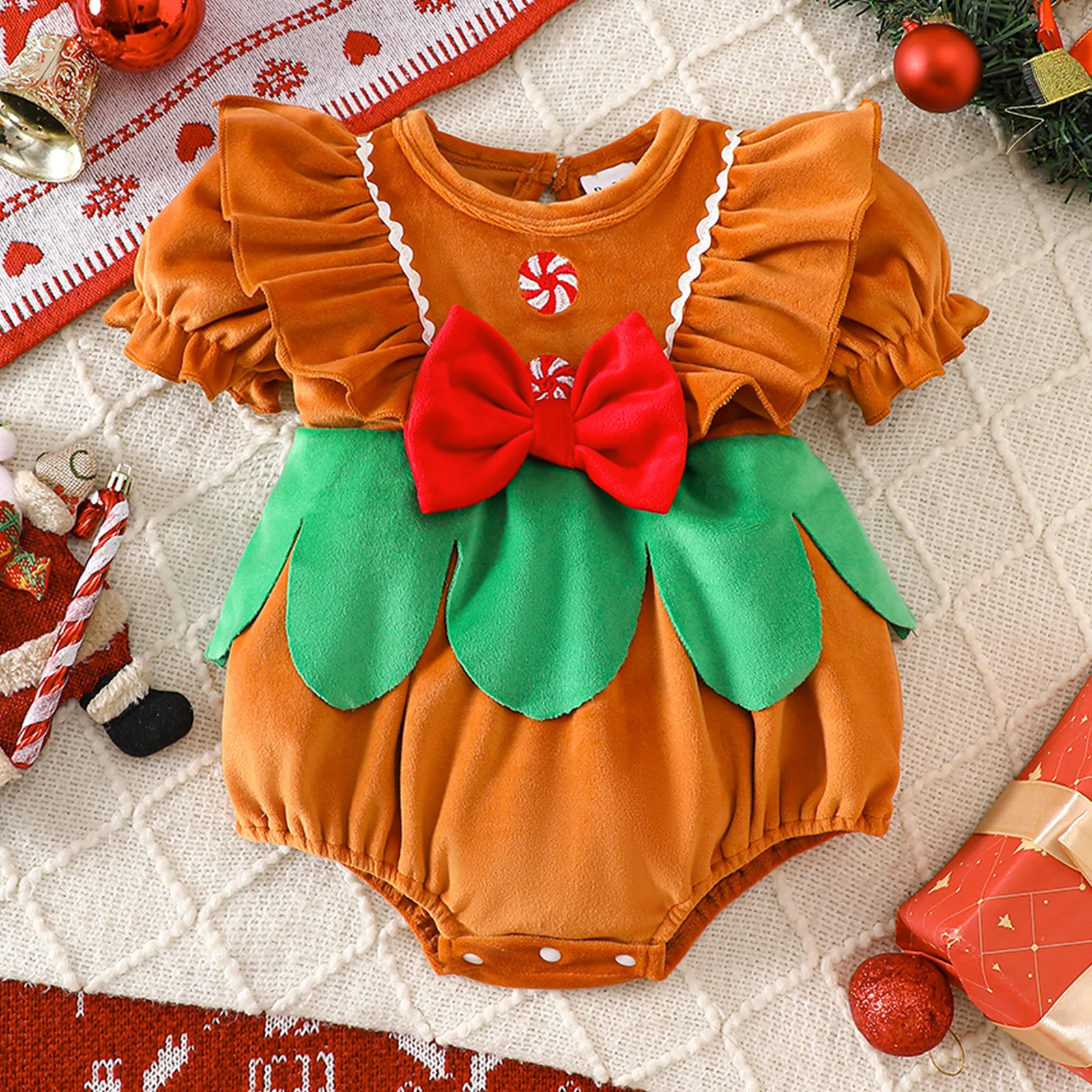 Christmas Baby Girls Ruffle Bubble Bodysuit Red Bow Candy Embroidery 0-18M Infant One Pieces Velvet Xmas Clothes