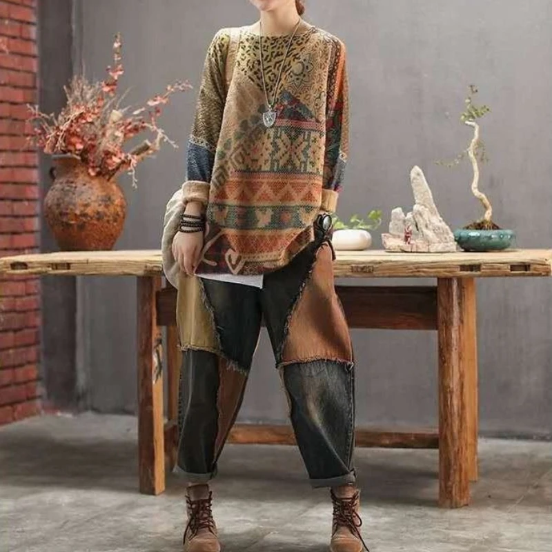 

Color Block Distressed Denim Pants Women 2026 Fall Loose Fit Harem Style with Frayed Hem