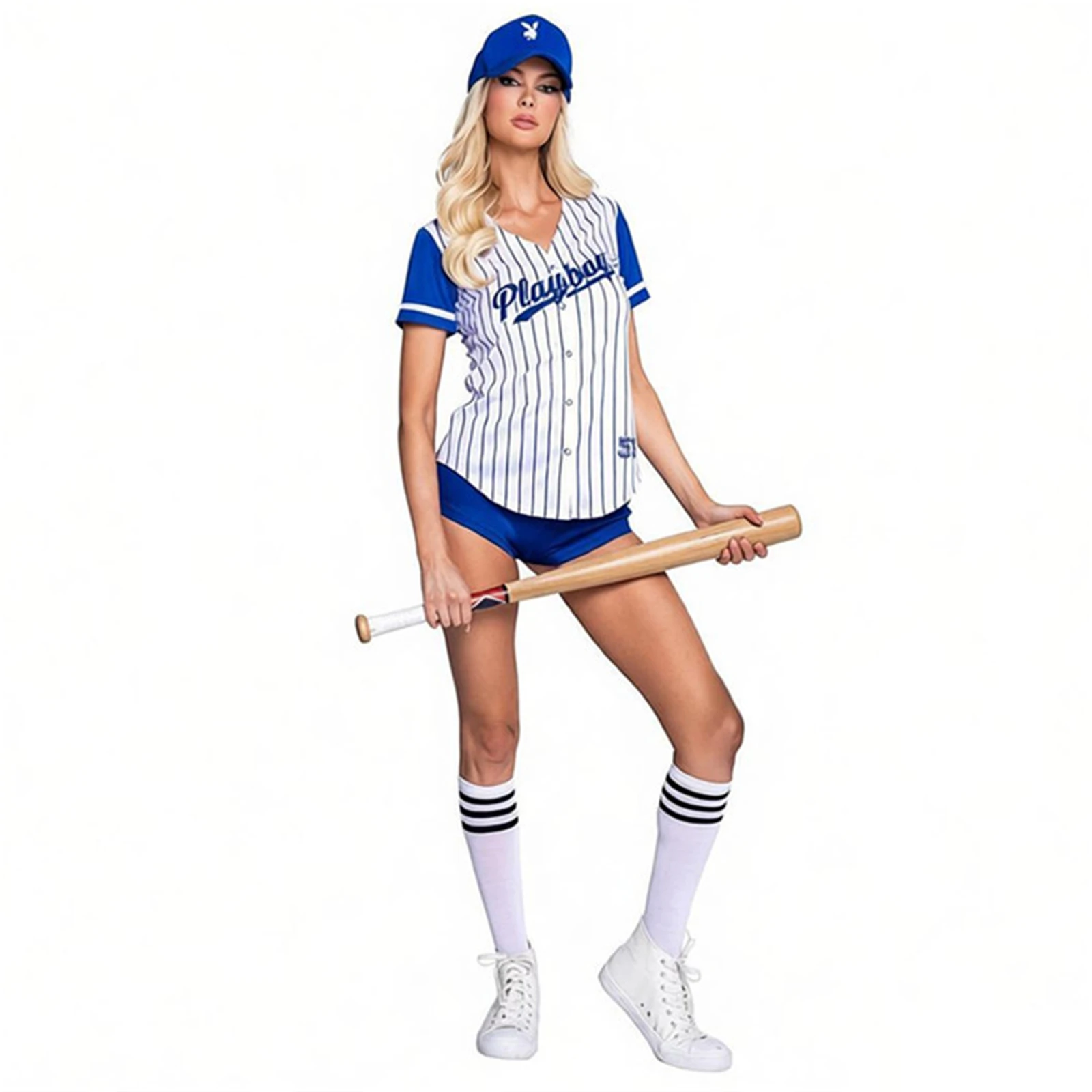 

4 Piece Men Women Striped Sports Baseball Costume Hat Top Pants Socks Cheerleading Uniform Cosplay Halloween Party Outfit
