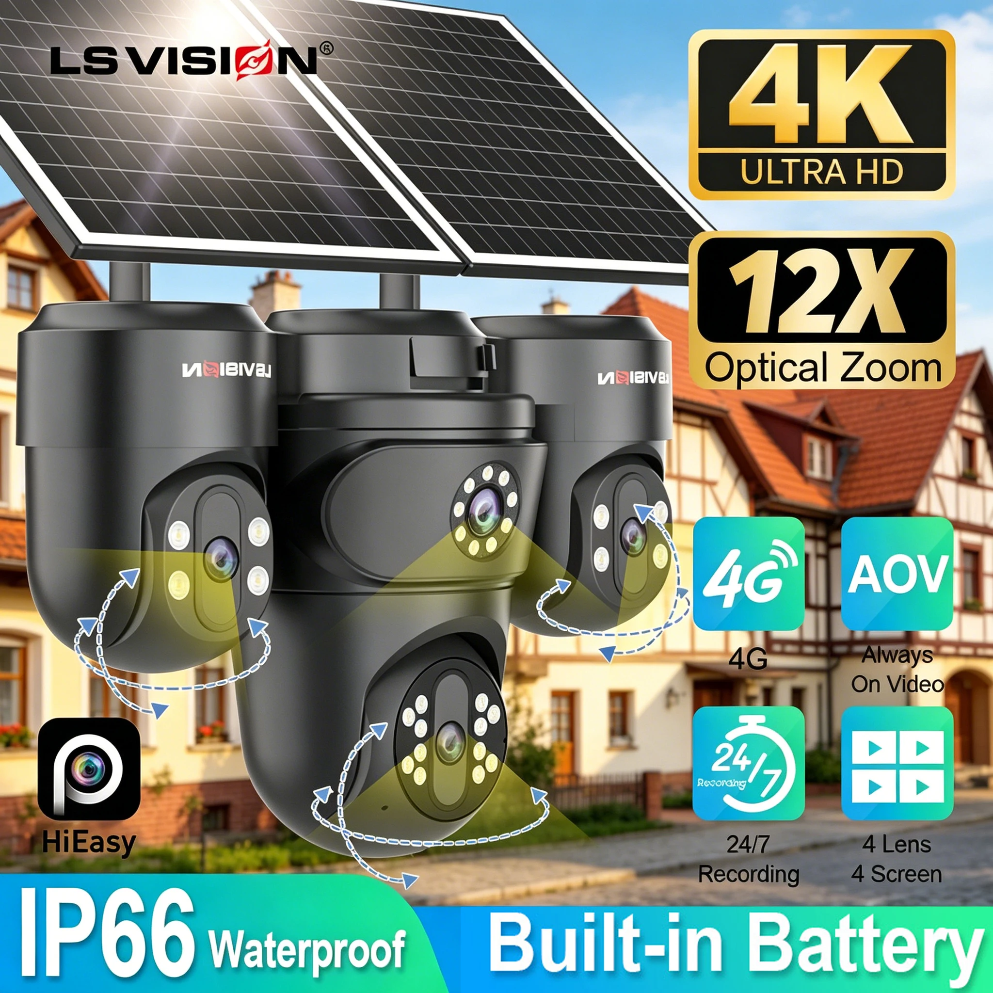 LS VISION 4-Lens Four-Screens Solar Outdoor Surveillance Camera Three-PTZ Lens 12X Zoom AOV 4G SIM 24/7 Surveillance Recording Humanoid Automatic Tracking 15 Watt Dual Solar Panel Full Color Night