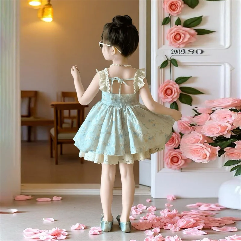 Floral Print Kids Dress Girls Sleeveless Lace Trim Sundress Toddler Sweet Bow Layered Tutu Dress Baby Birthday Party Clothes