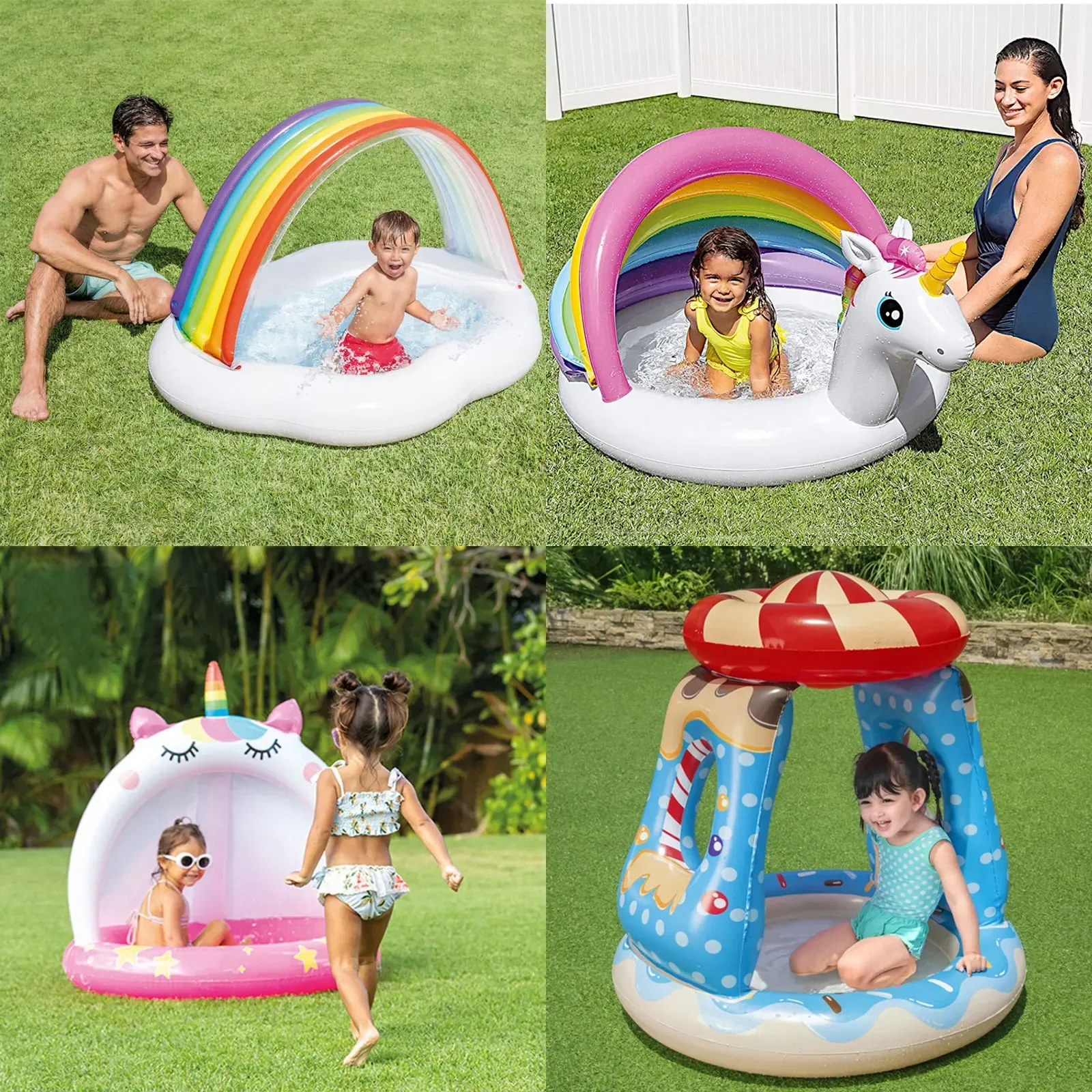 インフレータブルベビープール子供用プールサンシェードキャノピー付き1-3y楽しい屋外水遊びトロピカルアイランドココナッツツリーデザイン