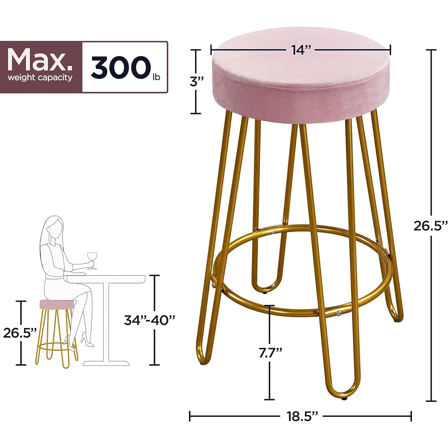 バースツール 2 個セット、ベルベットラウンドカウンタースツール、背もたれのないカウンターハイトバーチェア、ゴールデンレッグ付き