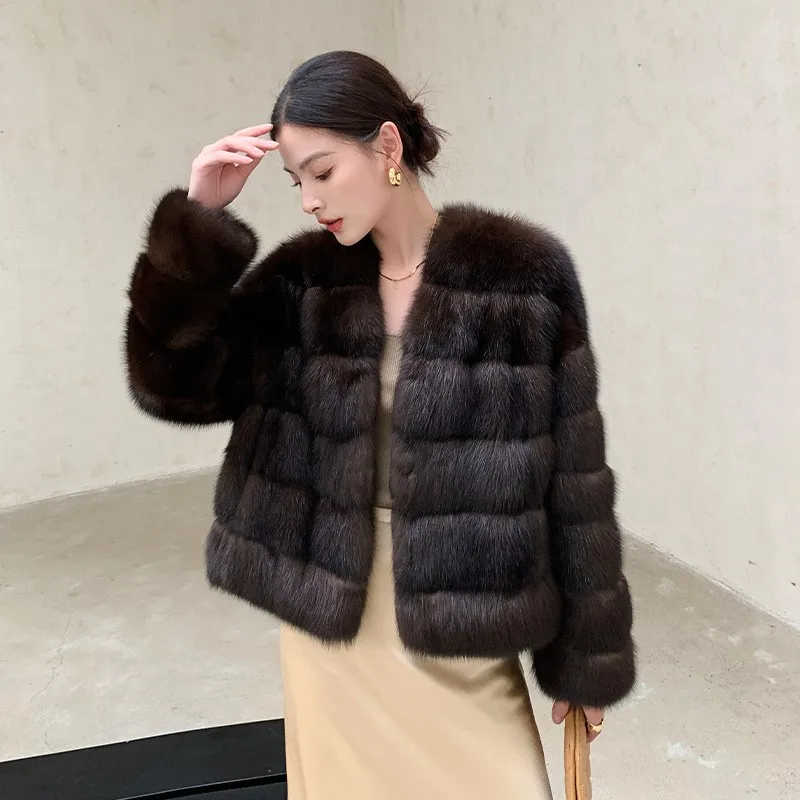 여성용 가죽 코트 보라색 혼합 모피 코트 짧고 가벼운 스타일