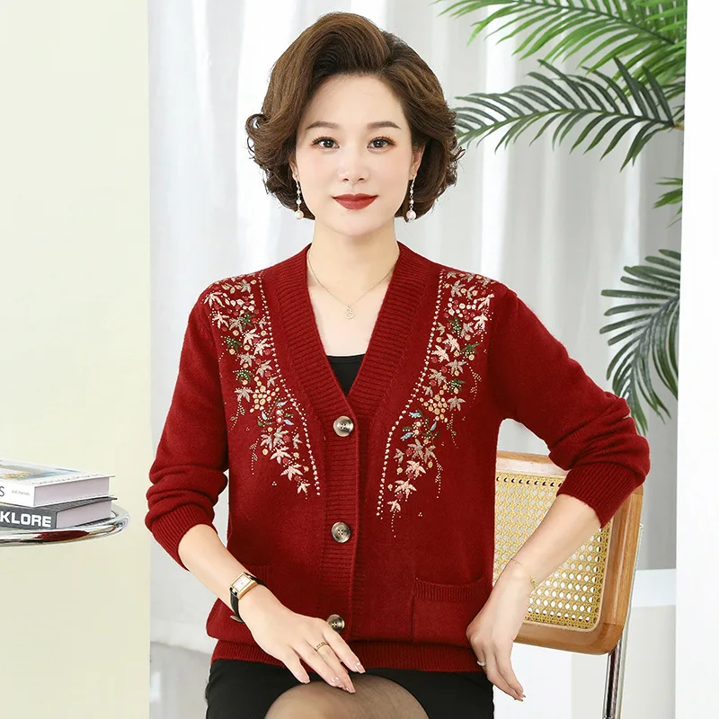 Spring Autumn Women\'s Knitted Cardigan Jacket Long Sleeve Loose V-Neck Button Sweaters Coat Retro Middle Aged Mother Clothing