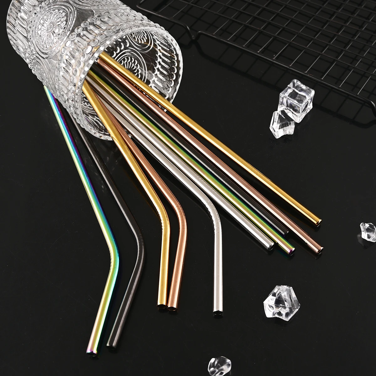 14Pcs Reusable Rose Gold Straw Set 304 Stainless Steel Straw Straight Bent Drinking Straw With Cleaning Brush Home Bar Accessory