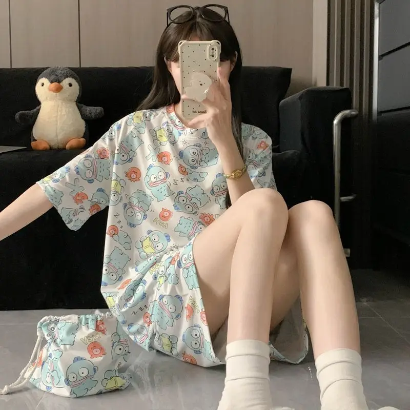 

Sanrio Hangyodon Milk Silk Pajamas Summer Pijama Shorts Short Sleeve Sleepwear Kawaii Cartoon Pyjamas Student Negligee Home Suit