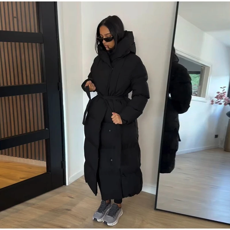 Elegant Long Belted Waist Tie Hooded Puffer Coat Quilted Thick Maxi 2026 Winter Daily Travel Outdoor Outerwear Casual Overcoat