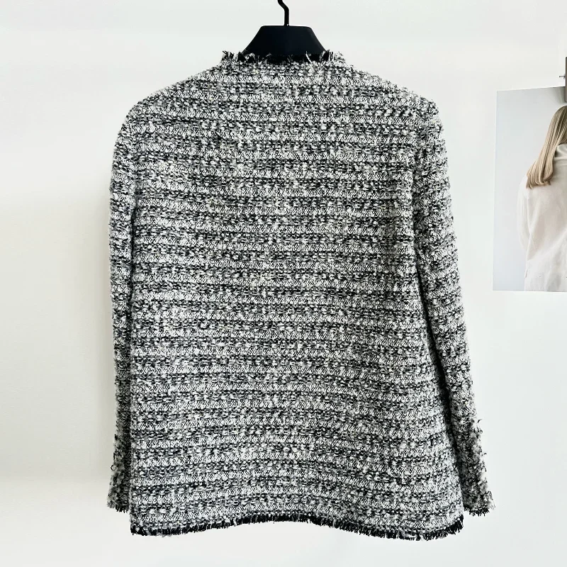 O Neck Gray Small Fragrance Fringed Lace Loose Coat High Quality Long-sleeved Office French Tweed Chic Jacket Autumn Winter