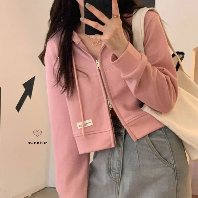 Short Ladies Hoodies Pink Zipper Design Fashionable Casual Vintage Style Loose Fiber Polyester Fabric One-piece Chest Autumn