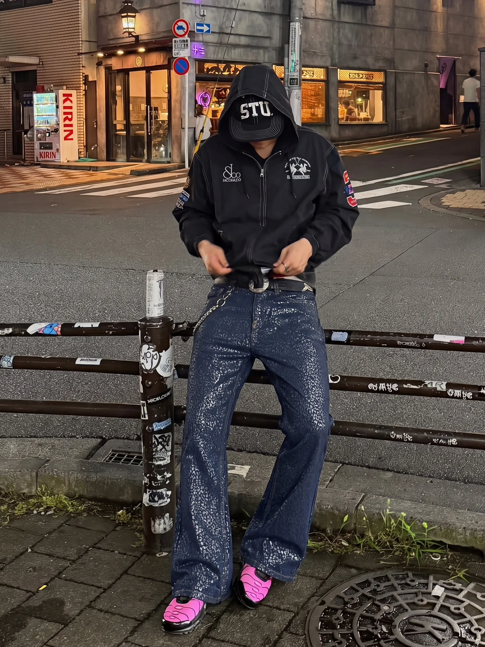 Calças Jeans Slim Fit Azuis com Corte Bootcut e Revestimento de Cera, Estampa de Leopardo, Estilo Casual e Fashion para Homen...
