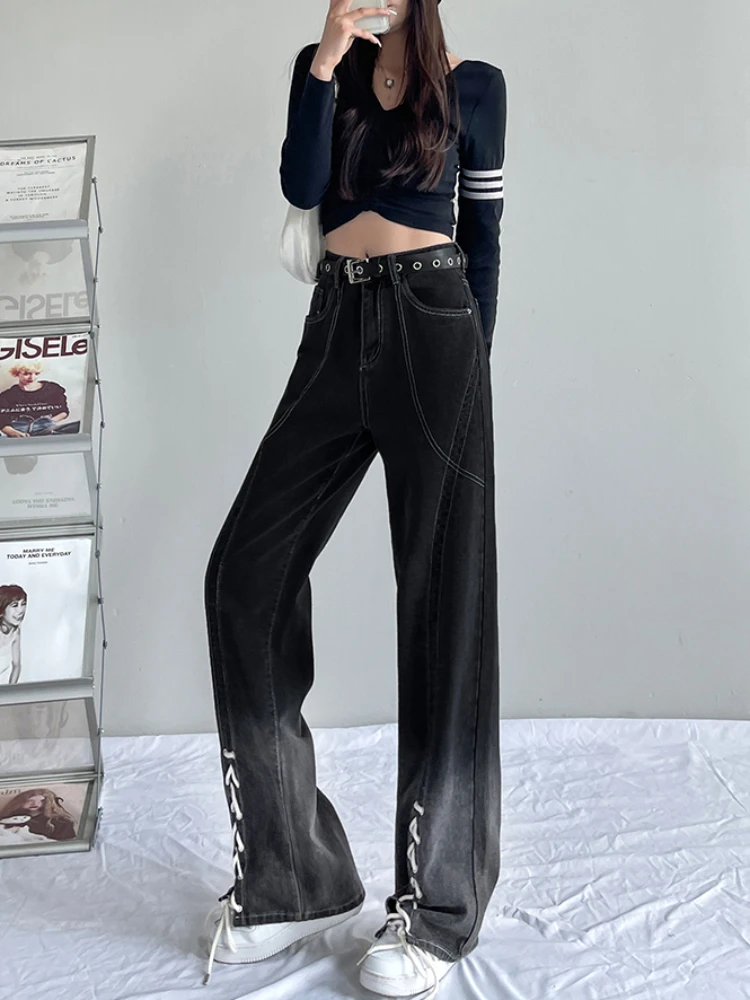 Bright Line Decoration Jeans Women Gradient Color Lace-up Full Length Korean Style Hotsweet High Street Spring Autumn Fashion