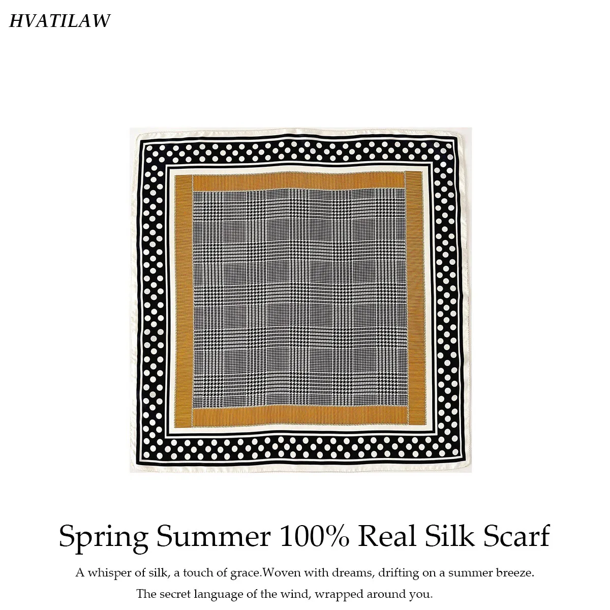 

100% Natural Pure Silk 65cm Square Scarf Women Luxury Houndstooth Dot Print Shawl Wrap Scarves Hairband Foulard Bandana Pashmina