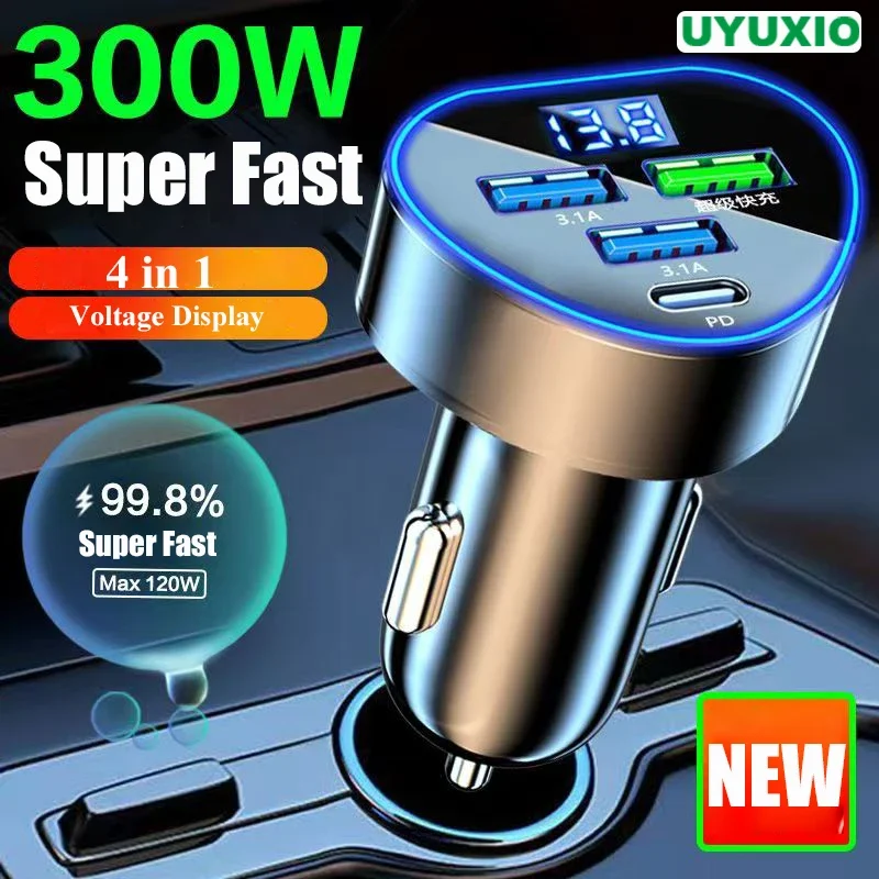 UYUXIO 4 in 1 USB C Car Charger Adapter with Voltage Display Super Fast Charging In Car For IPhone 16 15 14 Pro Max Samsung