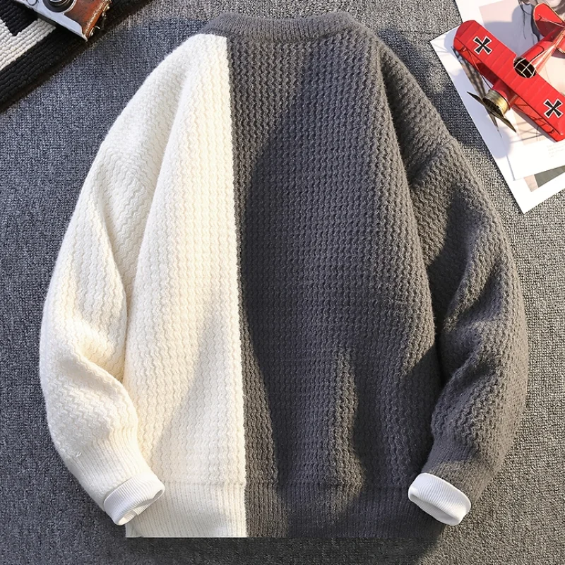 Men's Autumn Winter Long Sleeves Knit Sweater Round Neck Personality Splice Wearing Rope Best Seller Pullover Trend Fashion Tops